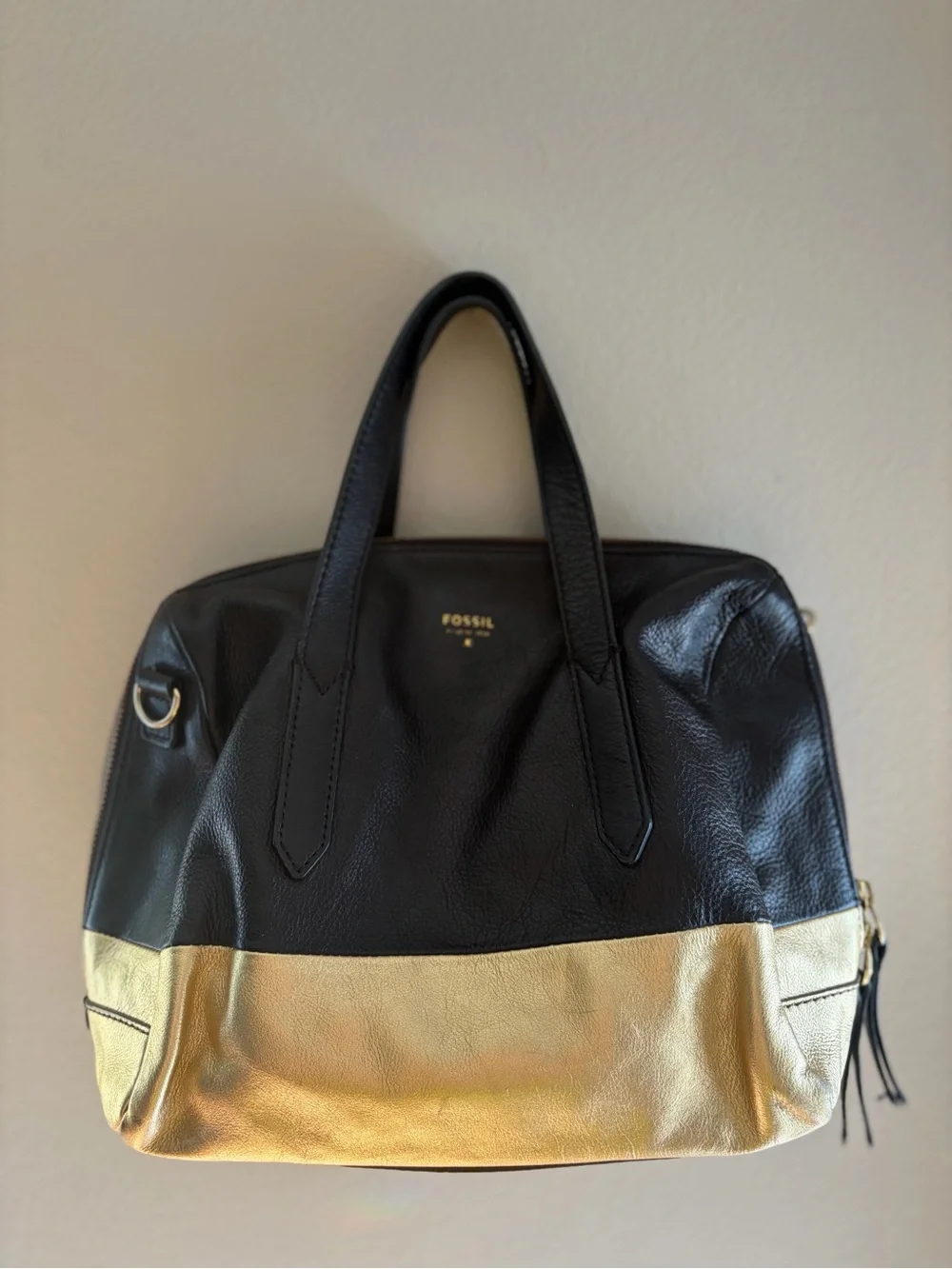 Fossil Black & Gold Colorblock Leather Satchel Bag